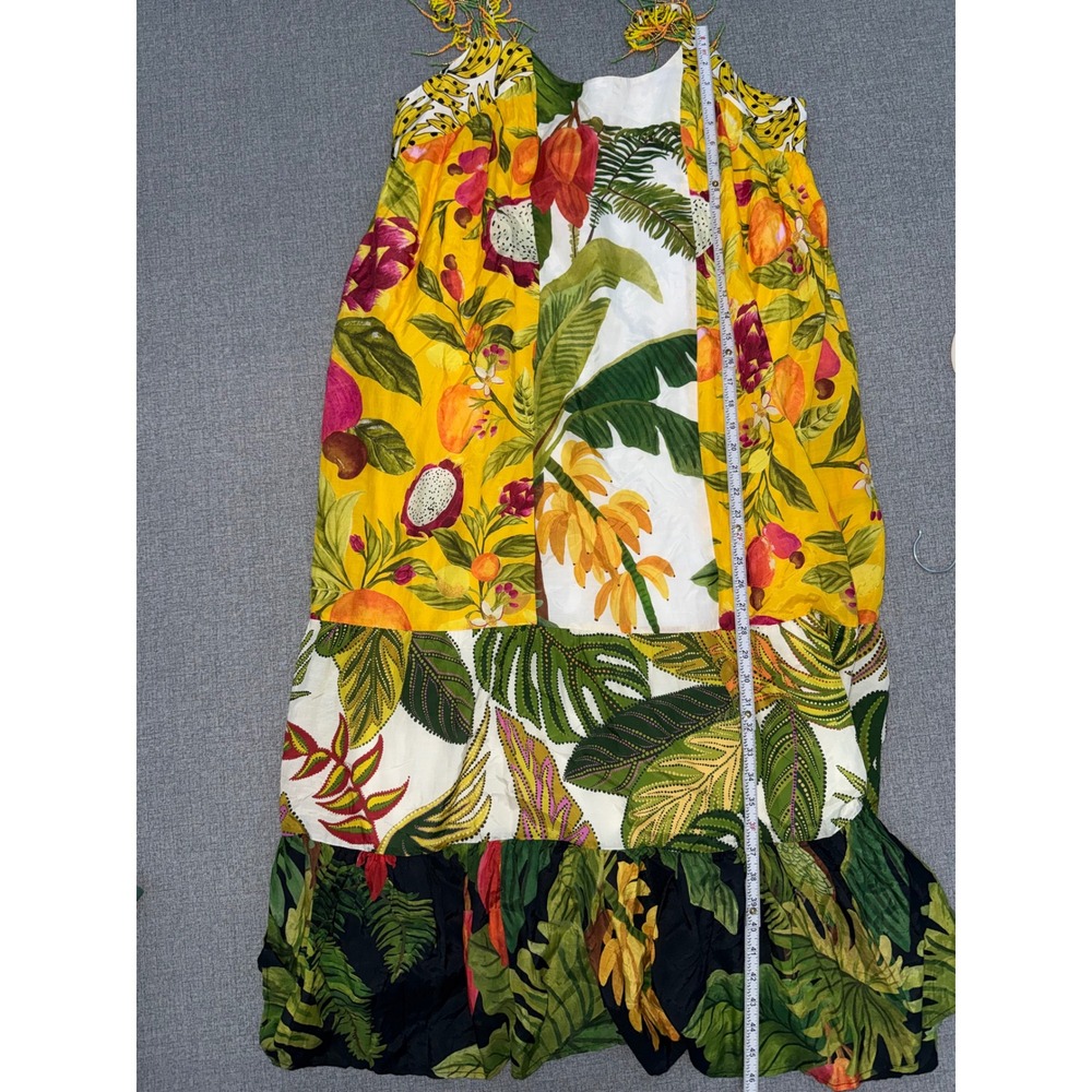 Farm Rio XL Maxi Mixed Prints Dress Yellow Tropical Fruit Beaded Fringe Straps - Picture 12 of 14